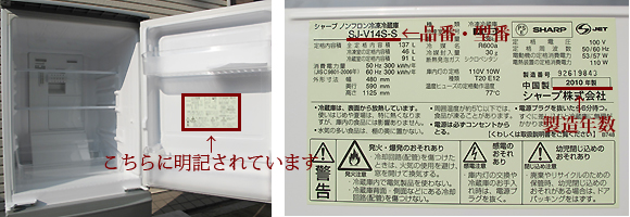 回収の冷蔵庫の品番（型番）の明記場所画像